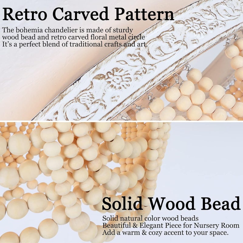 Capslpad Bohemia Wood Beaded Flush Mount Ceiling Light Antique Boho Mini Chandelier Farmhouse Light Fixture for Bedroom Nursery Room Hallway Entryway Foyer,3-Light - Image 4